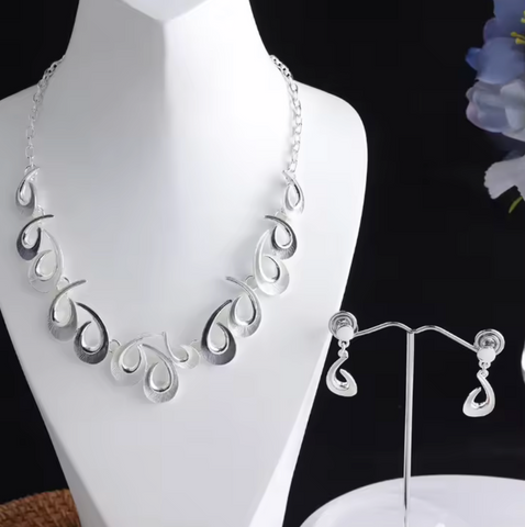 Open Teardrop Necklace & Matching Earrings - Silver