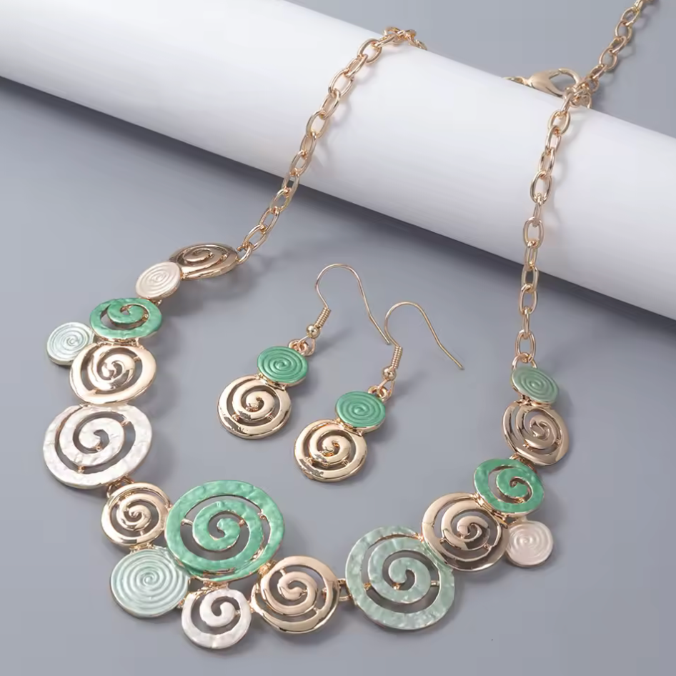 Spiral Necklace & Matching Earrings - Green