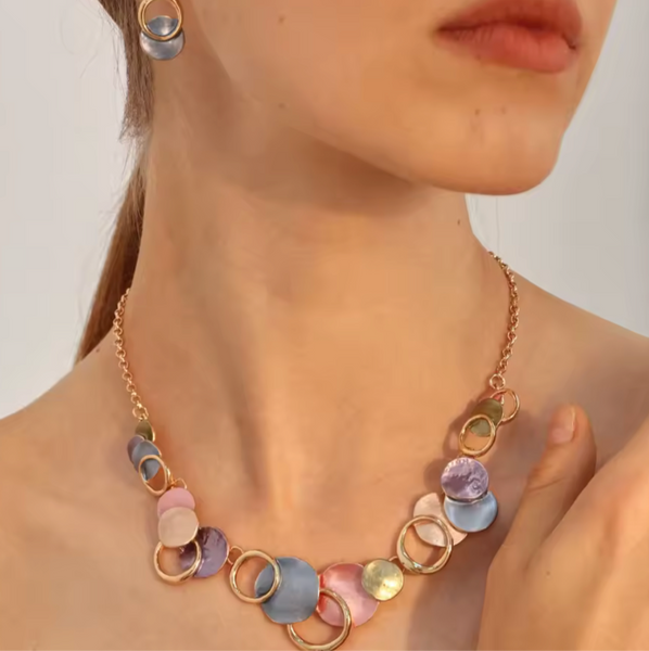 Random Petal Disc Necklace & Matching Earrings - Multi