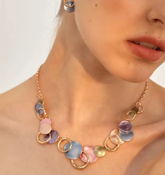 Random Petal Disc Necklace & Matching Earrings - Multi