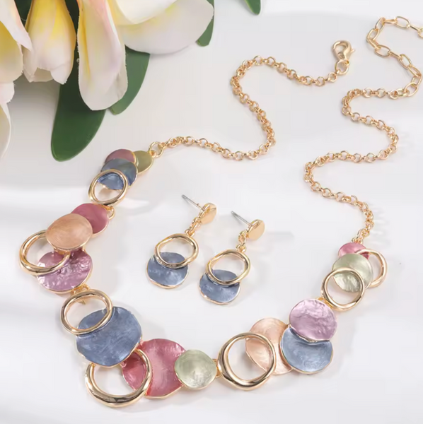 Random Petal Disc Necklace & Matching Earrings - Multi