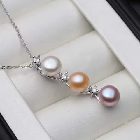 925 Silver Triple Pearl Pendant - White/Orange/Pink