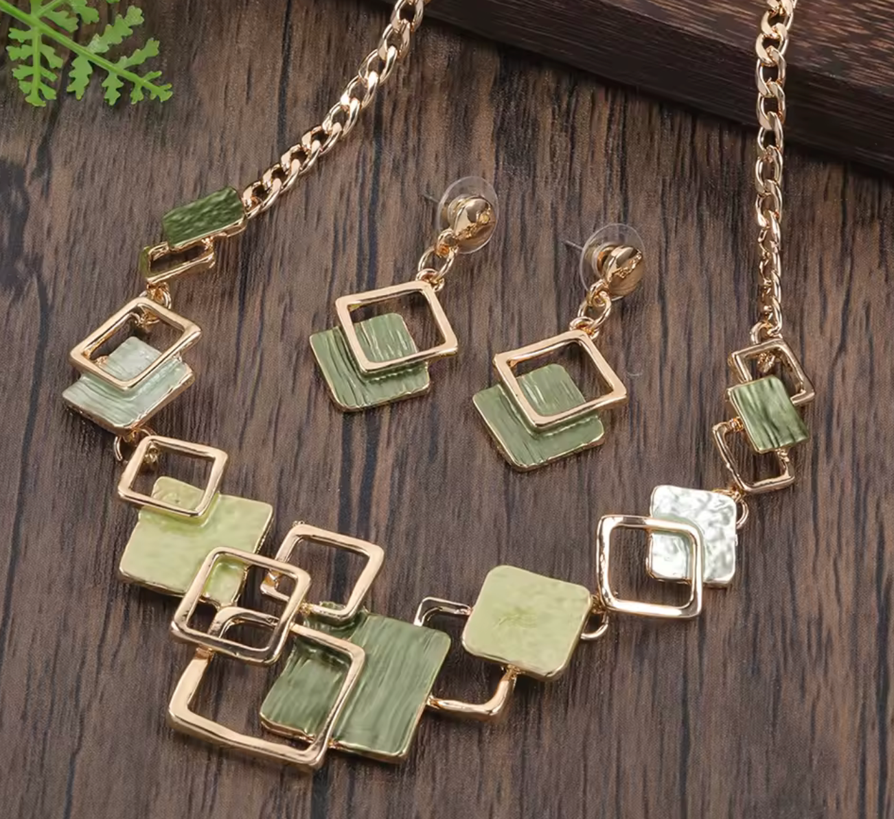 Square Necklace & Matching Earrings - Green and Gold