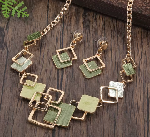 Square Necklace & Matching Earrings - Green and Gold