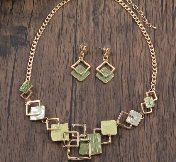 Square Necklace & Matching Earrings - Green and Gold