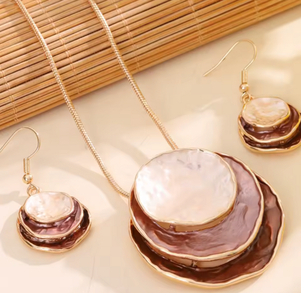 Triple Disc Necklace & Earrings - Pink & Brown