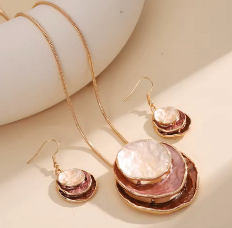 Triple Disc Necklace & Earrings - Pink & Brown