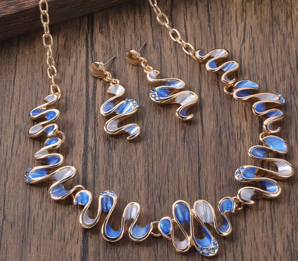 Waves Necklace & Matching Earrings - Blue