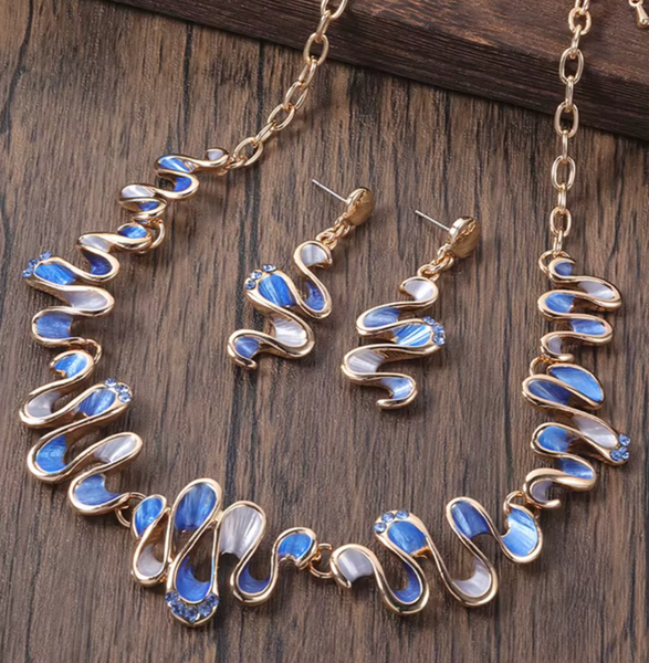 Waves Necklace & Matching Earrings - Blue