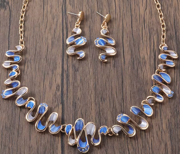 Waves Necklace & Matching Earrings - Blue