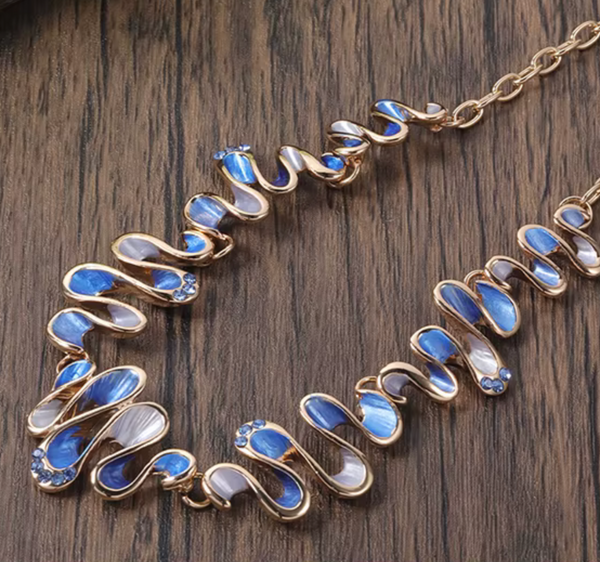 Waves Necklace & Matching Earrings - Blue