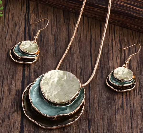 Triple Disc Necklace & Earrings - Greens