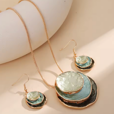 Triple Disc Necklace & Earrings - Greens