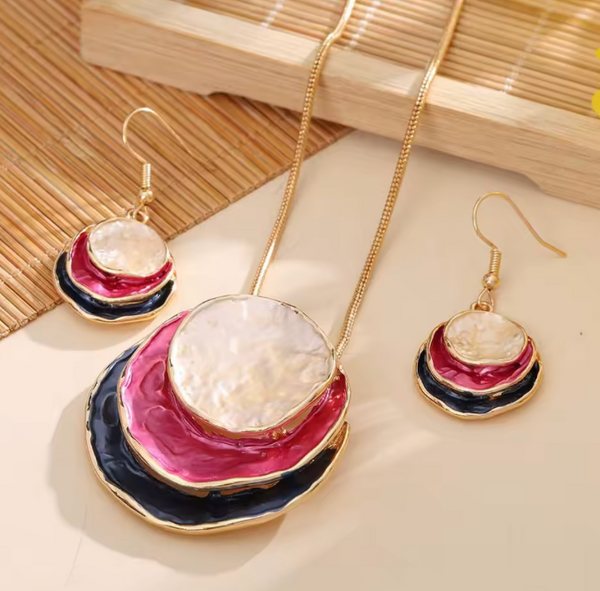 Triple Disc Necklace & Earrings - Beige/Pink/Blue
