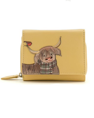 Highland Cow with Robin Tri fold Purse Yellow - Mala Leather