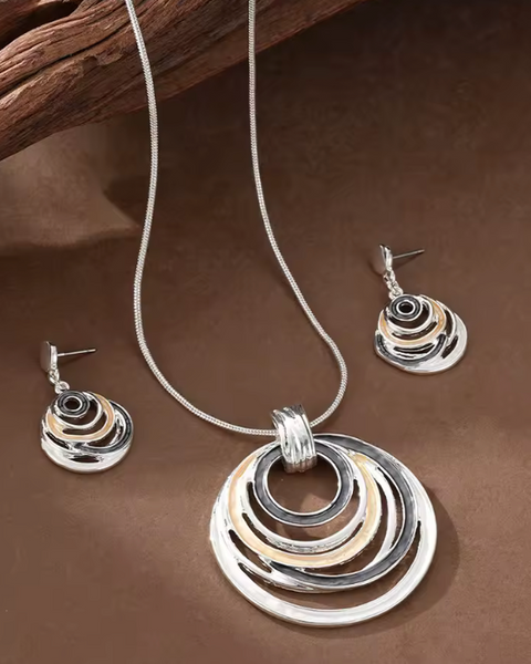 Circles Necklace & Earrings - Greys/Silver/Yellow