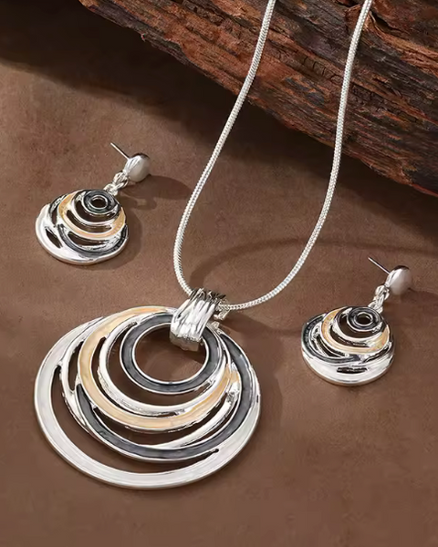 Circles Necklace & Earrings - Greys/Silver/Yellow