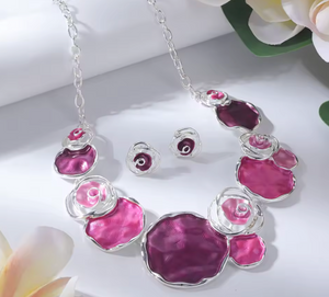 Rose & Petal Necklace & Matching Earrings - Pink