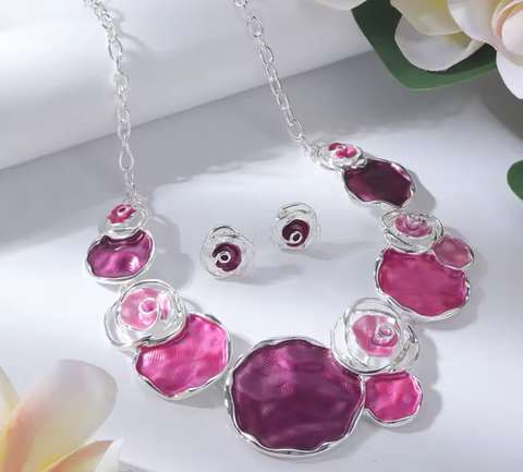 Rose & Petal Necklace & Matching Earrings - Pink