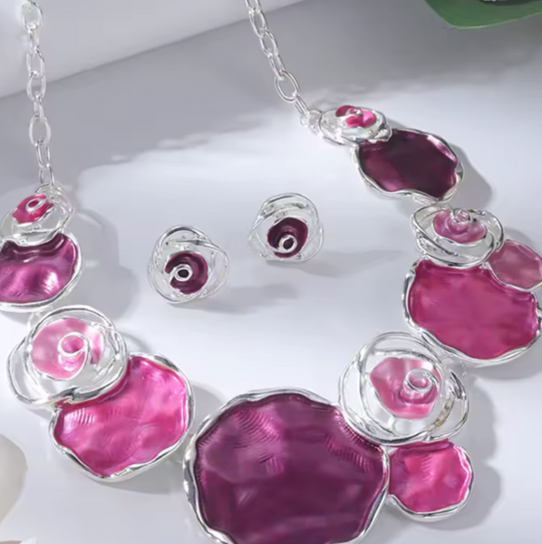 Rose & Petal Necklace & Matching Earrings - Pink