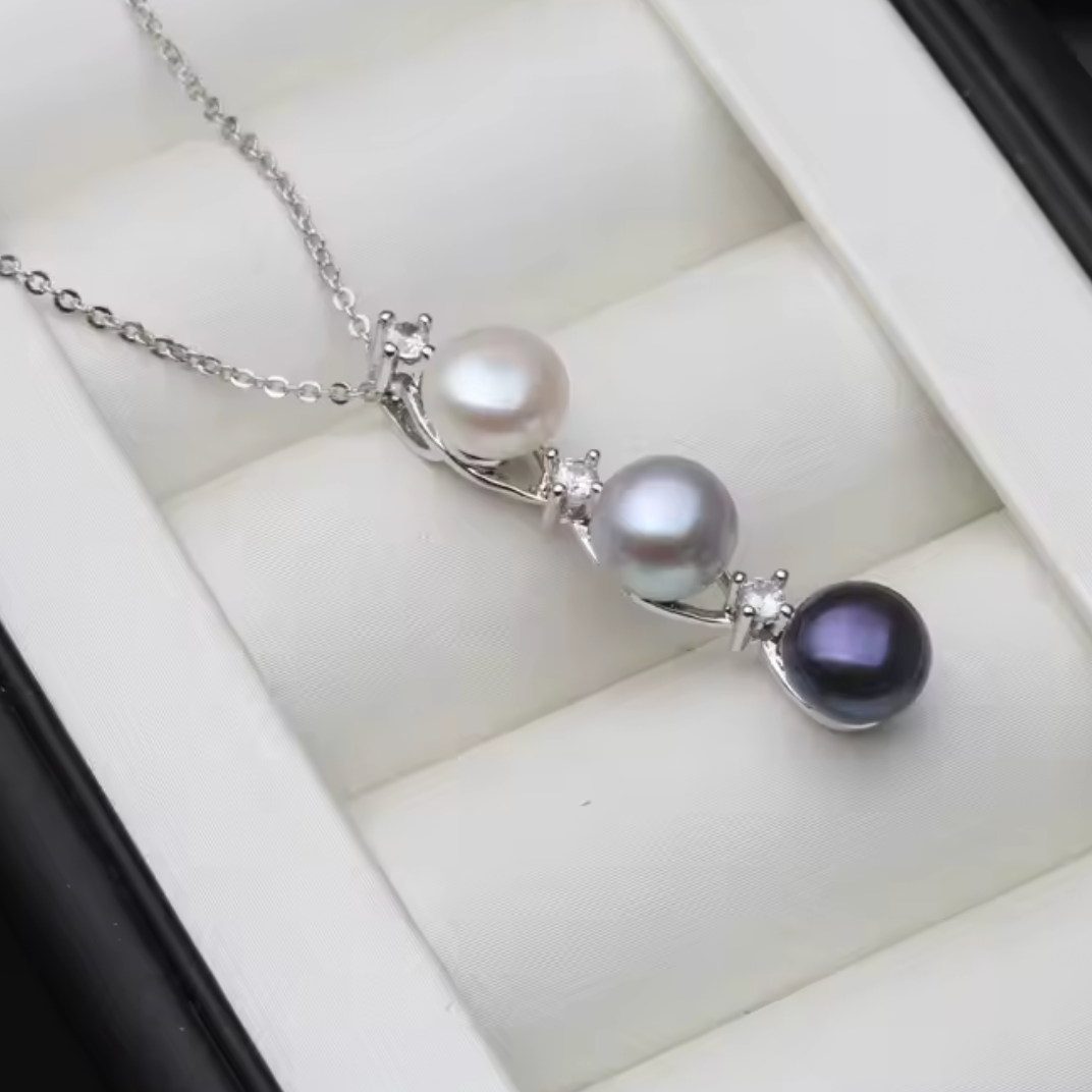 925 Silver Triple Pearl Pendant - White/Grey/Black