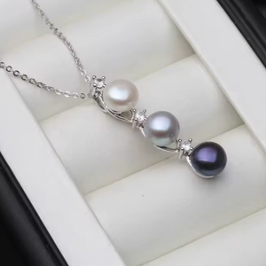 925 Silver Triple Pearl Pendant - White/Grey/Black