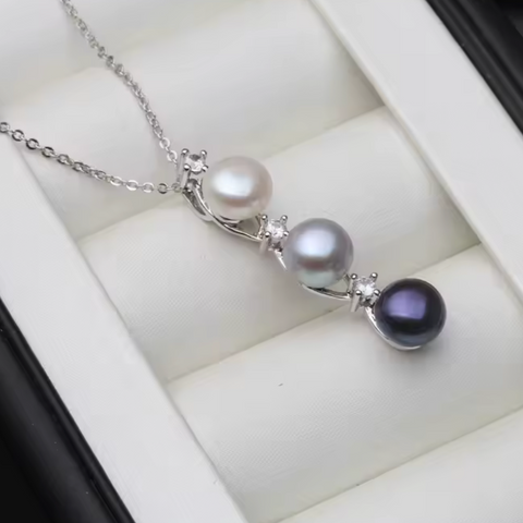 925 Silver Triple Pearl Pendant - White/Grey/Black