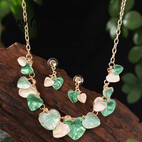 Leaves Necklace & Matching Earrings - Green