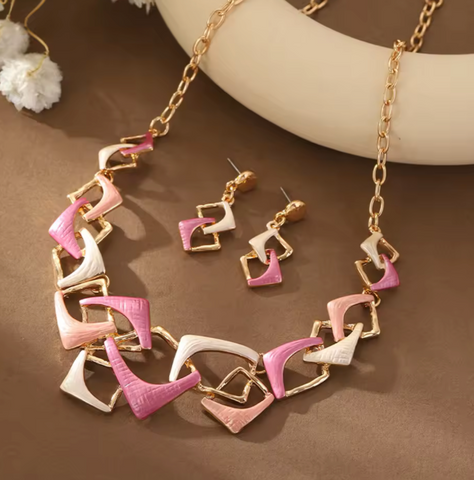 Square Necklace & Matching Earrings - Pink