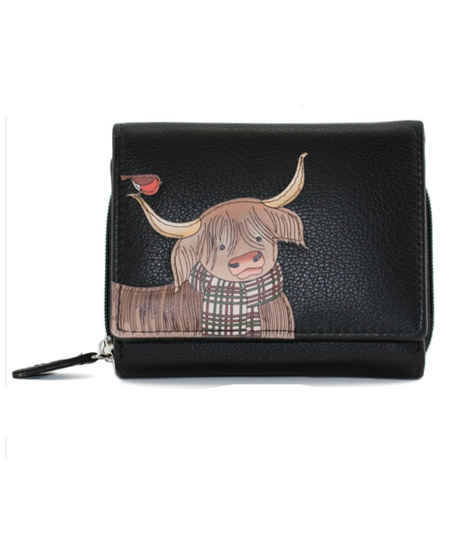 Highland Cow with Robin Tri fold Purse Black- Mala Leather