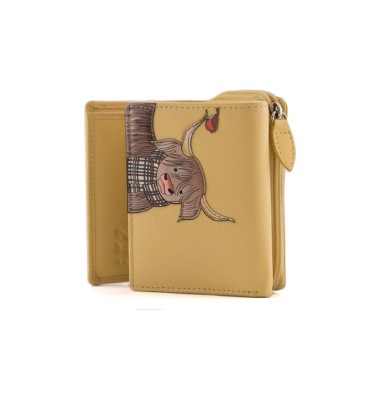 Highland Cow with Robin Tri fold Purse Yellow - Mala Leather