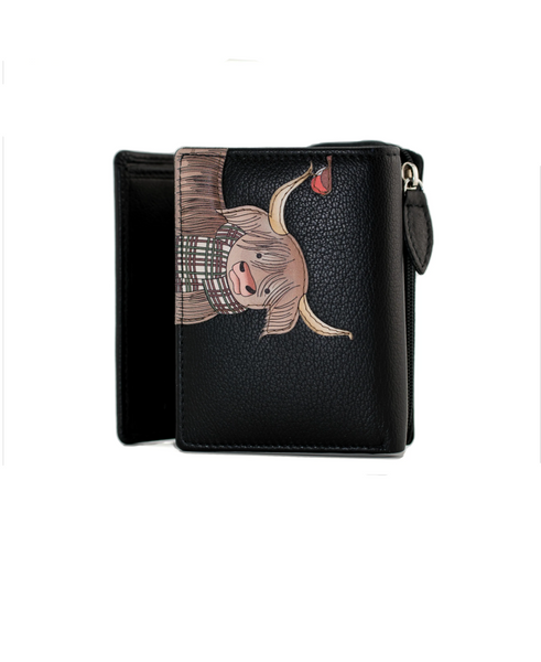Highland Cow with Robin Tri fold Purse Black- Mala Leather