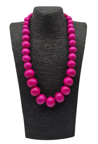 Wooden Elasticated Bead Necklace - Hot Pink