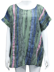 Vertical Striped Print Cotton Top - Teal