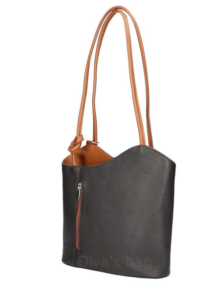 Italian Leather Pebble-Dash Backpack - Navy & Tan