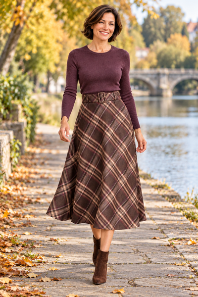 Checked Suedette  Midi Skirt - Chocolate
