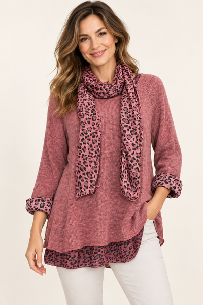 Animal Print Layered Knit & Scarf - Berry