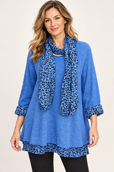 Animal Print Layered Knit & Scarf - Royal Blue