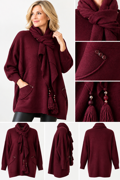 Two-Pocket Jumper with Tasselled Scarf - Maroon