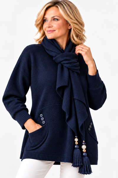 Two-Pocket Jumper with Tasselled Scarf - Navy