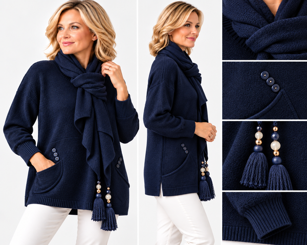 Two-Pocket Jumper with Tasselled Scarf - Navy