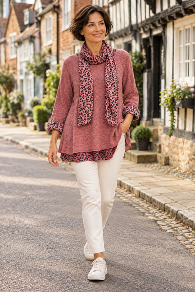 Animal Print Layered Knit & Scarf - Berry