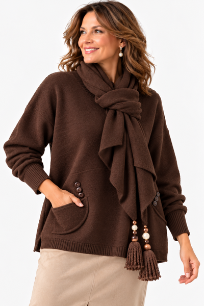 Two-Pocket Jumper with Tasselled Scarf -  Chocolate