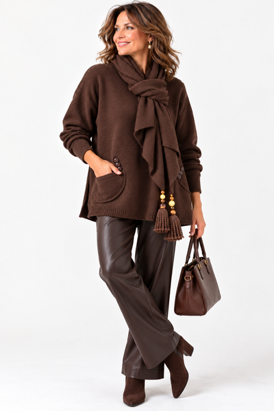 Two-Pocket Jumper with Tasselled Scarf -  Chocolate