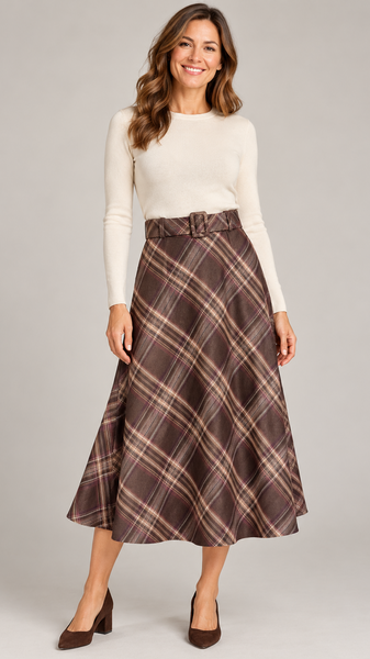 Checked Suedette  Midi Skirt - Chocolate