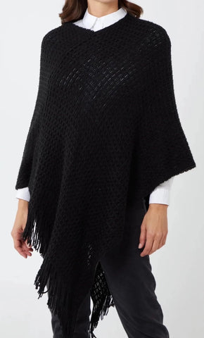 Waffle Poncho with Fringe - Black