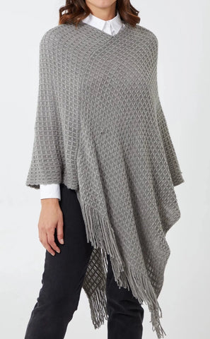 Waffle Poncho with Fringe - Grey
