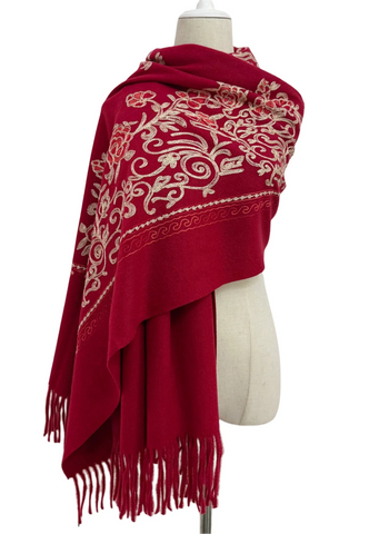 Embroidered Floral Shawl-Scarf - Deep Red