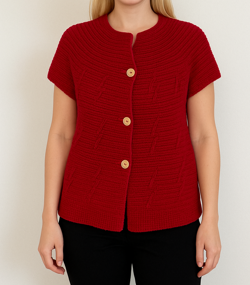 Short Sleeve 3 Button Cardigan - Red