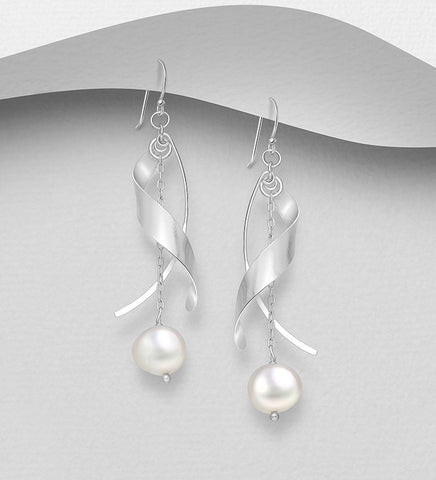 925 Sterling Silver Beaded Earrings with White  Freshwater Pearls